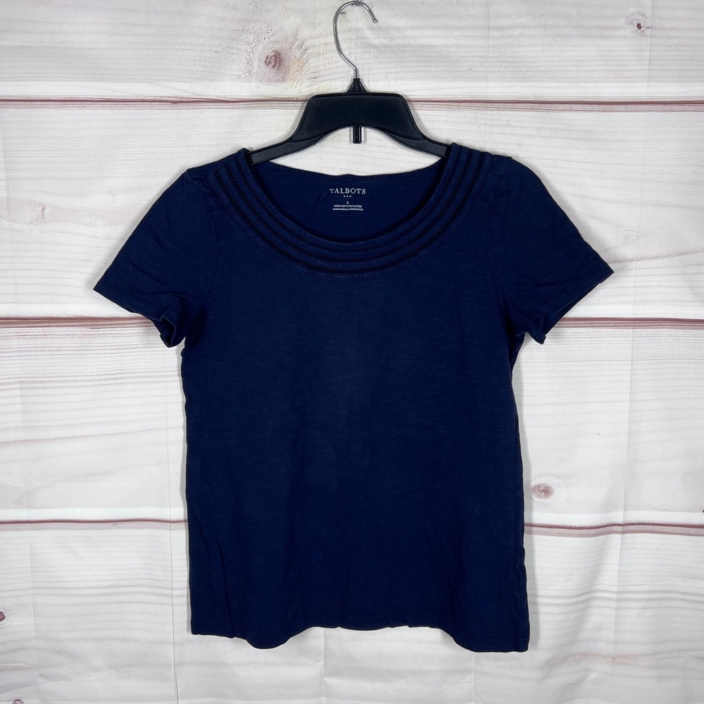 Talbots Top Womens Small Blue Scoop Neck Crochet Trim Slub Knit Cotton T-Shirt